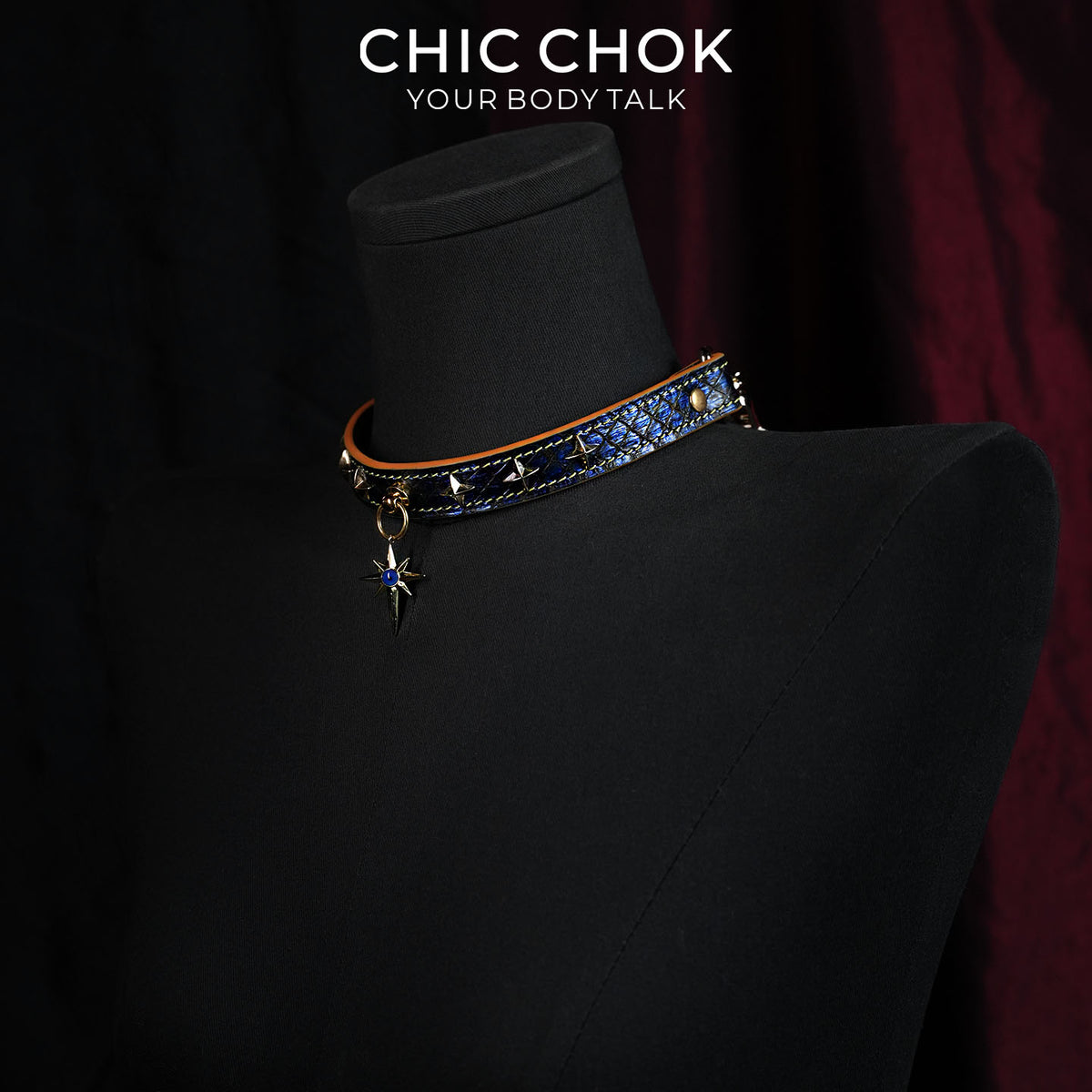 CHICCHOK Breathless Tarot | Blue Snake Leather Choker | Gold Octagram Star Collar