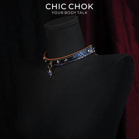 CHICCHOK Tarot Breathless | Choker de couro de cobra azul | Coleira com estrela octagrama dourada