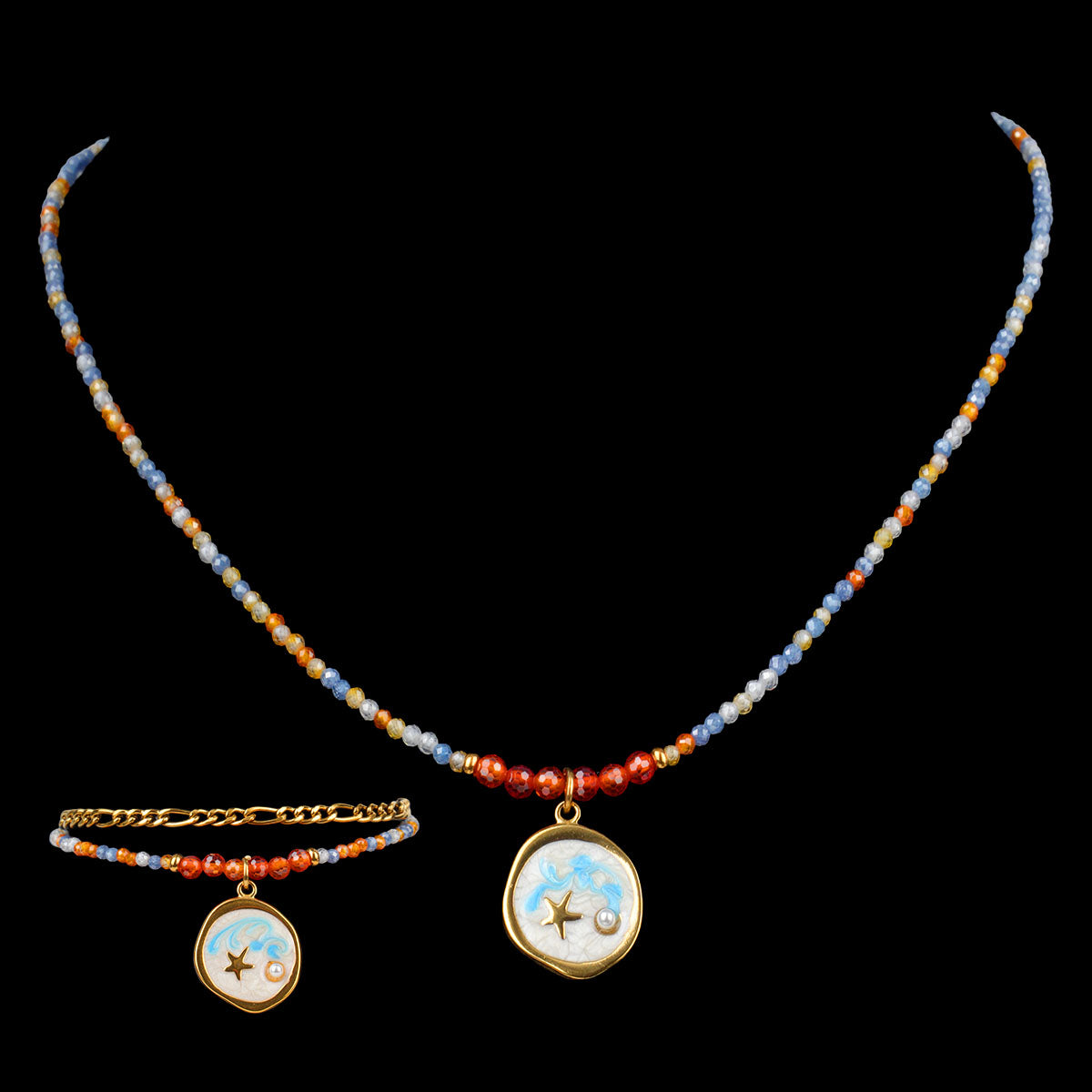 CHICCHOK Bohemian Enamel Ocean Beaded Necklace & Bracelet Set | Asymmetric Star Moon Pendant | Summer Beach Resort Y2K Jewelry