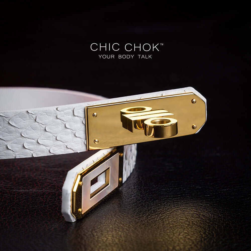 chicchok athena white python hide collar sea shell buckle pure clean elegant design