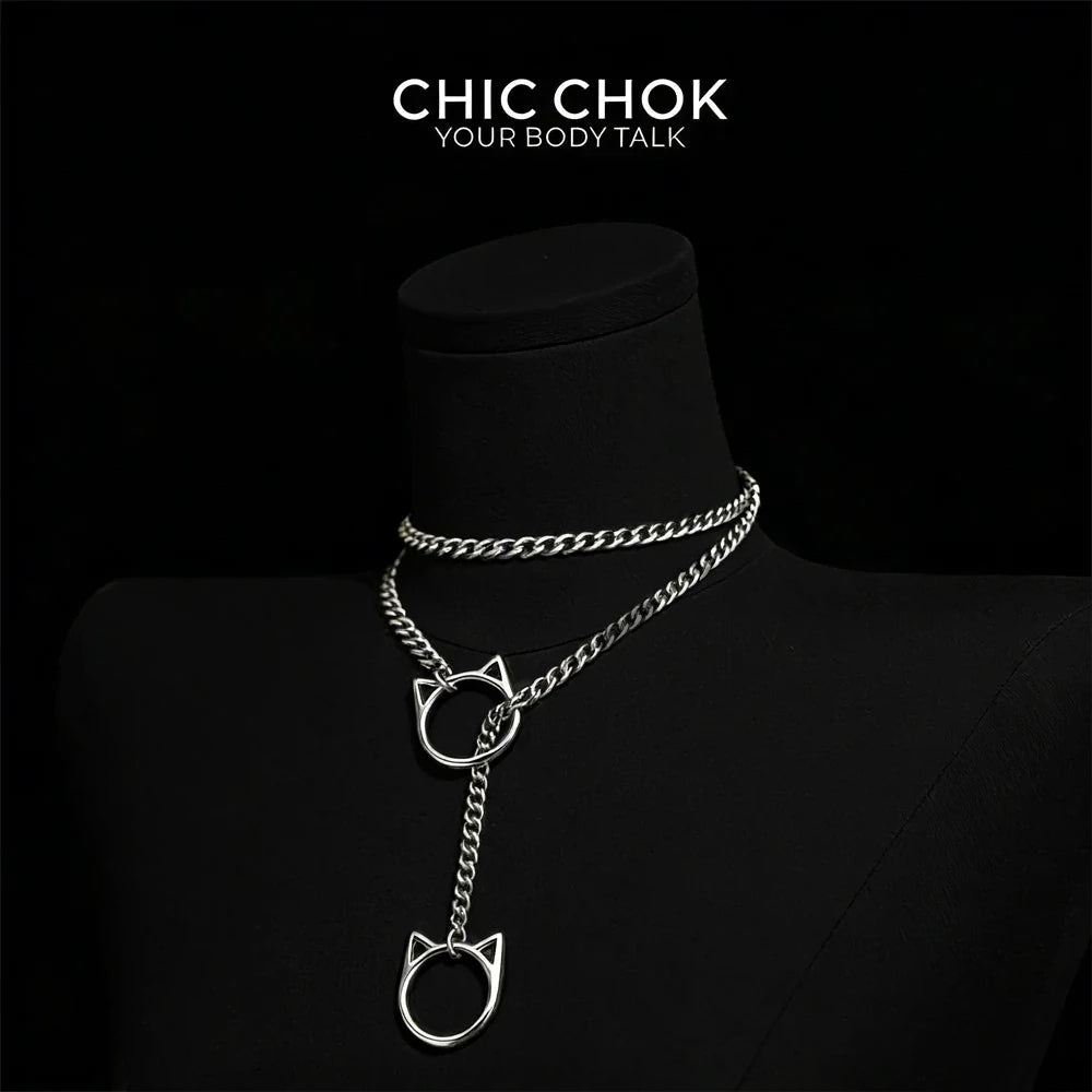 CHICCHOK O-Ring Slip-On Choker Necklace for Women – Handmade Adjustable Lariat Y-Necklace, Cuban Chain Style