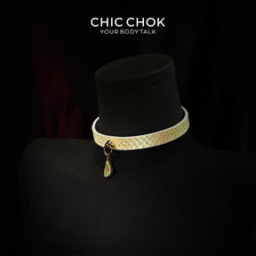 CHIC CHOK Purple Leather Necklace – Blue Gemstone Pendant and Tassel Chain, A Bold Fashion Item