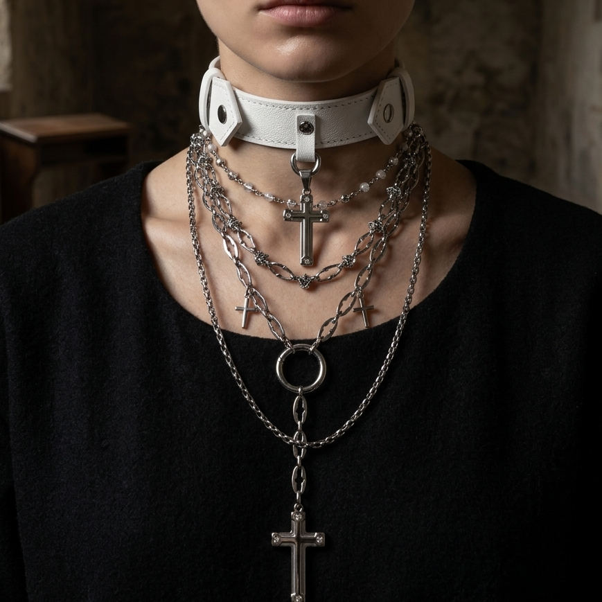 CHICCHOK Original "Martyr's Shadow" Choker - Layered Cross Monastery Style Necklace - Premium White Leather & Stainless Steel Nun Aesthetic Jewelry