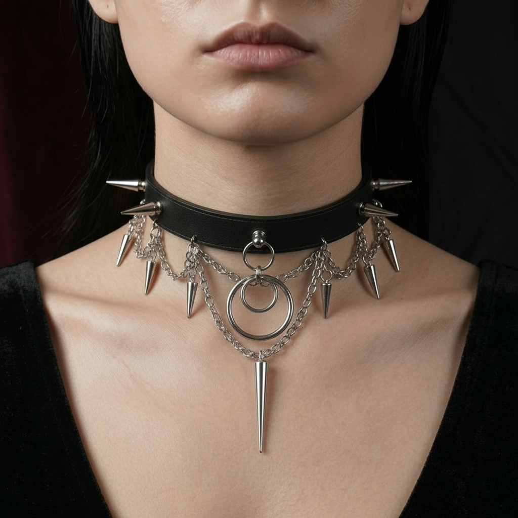 CHICCHOK Original "Thorns of Eclipse" Choker - Premium Full-Grain Leather & Stainless Steel Spiked Collar - Interactive Pull Chain Darkwear Jewelry