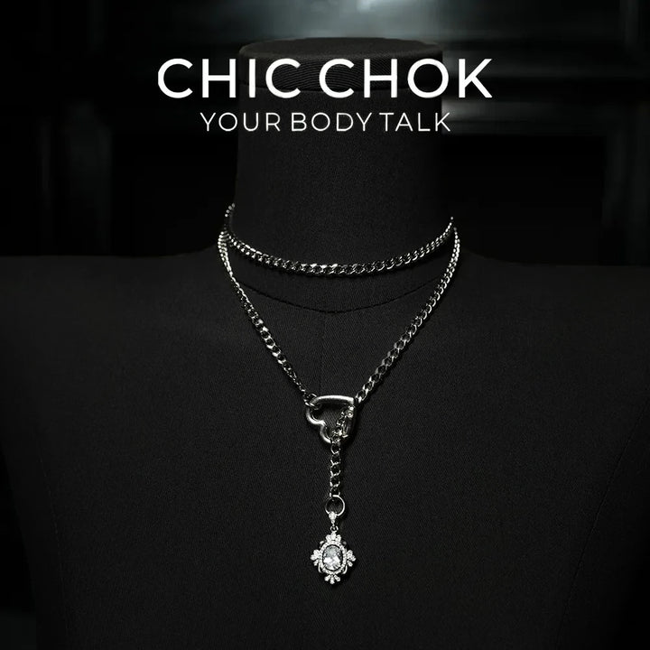 CHICCHOK Golden Silence | Layered Titanium Steel Y-Necklace | Red Crystal Heart Pendant