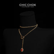 CHICCHOK Golden Silence | Collar en Y de acero titanio en capas | Dije de corazón con cristal rojo