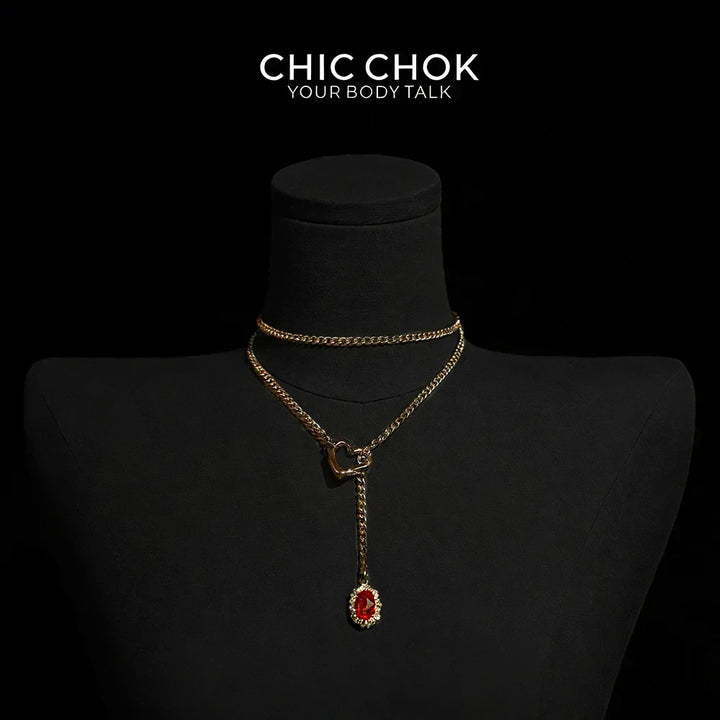 CHICCHOK Golden Silence | Layered Titanium Steel Y-Necklace | Red Crystal Heart Pendant