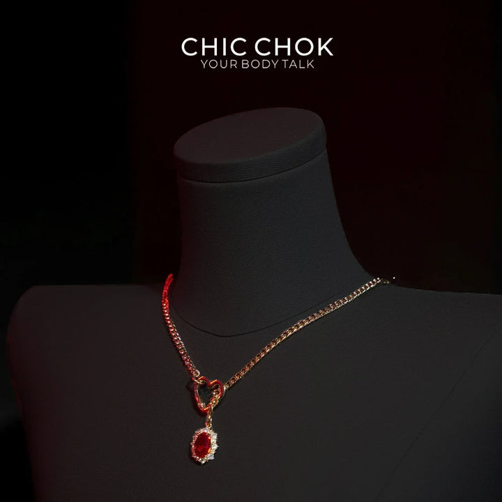 CHICCHOK Golden Silence | Layered Titanium Steel Y-Necklace | Red Crystal Heart Pendant