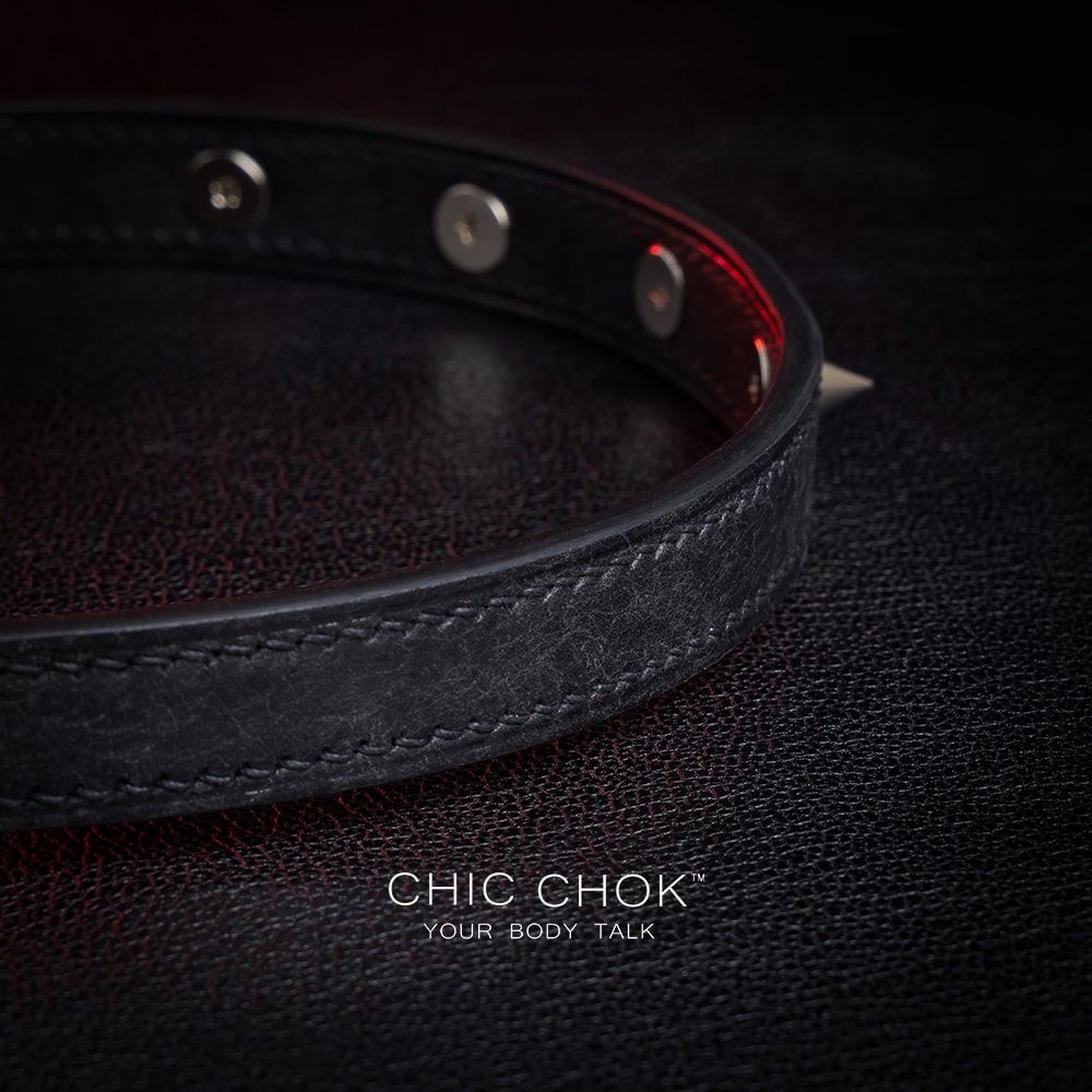 The black leather collar, decorated with silver spikes and small rings, highlights the punk style and is suitable for personalized daily wear and unique styling needs.
