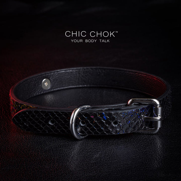 CHICCHOK - Nebula Collar, Black leather handmade polished silver ring smooth clasp, suitable for daily wear and special occasions