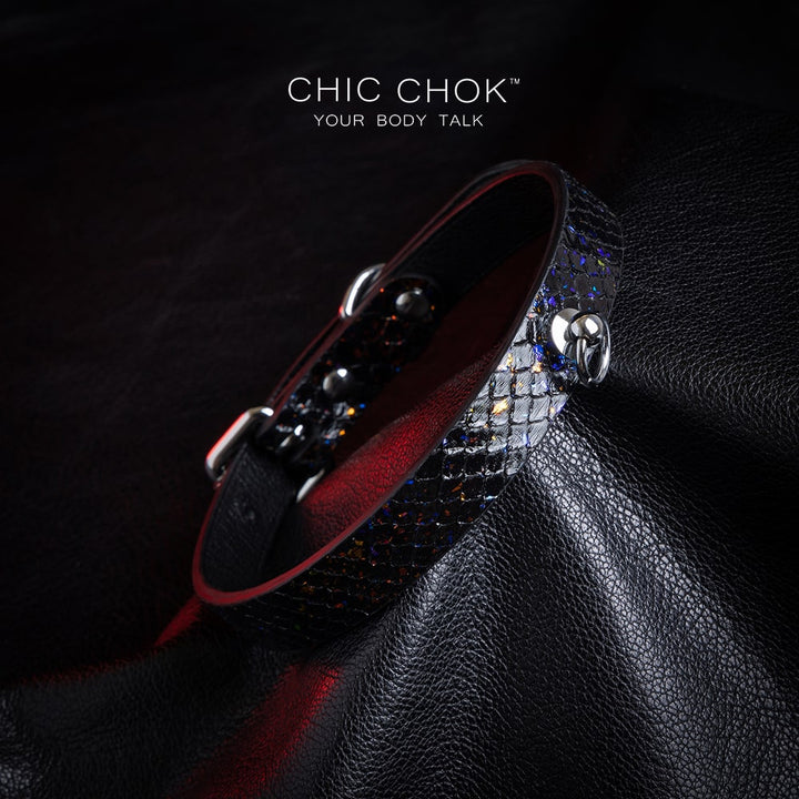 CHICCHOK - Nebula Collar, Black leather handmade polished silver ring smooth clasp, suitable for daily wear and special occasions
