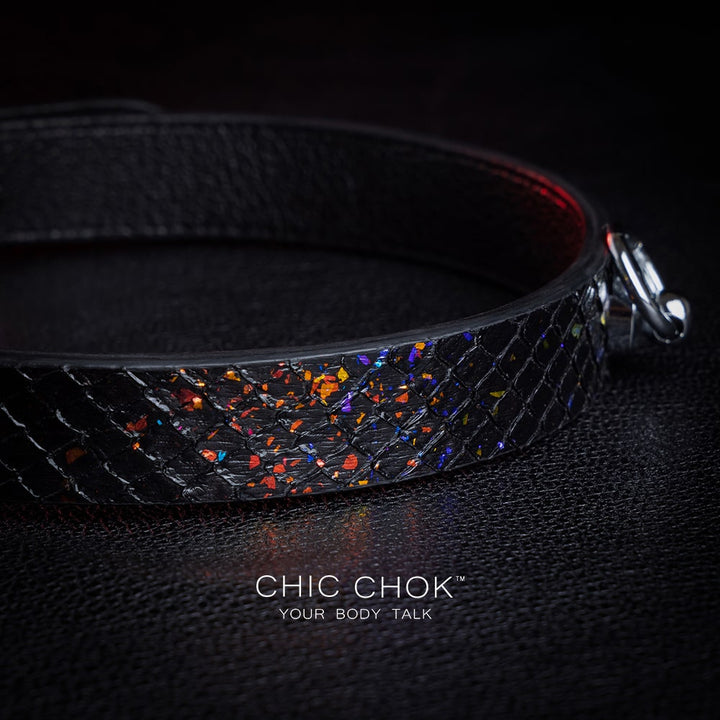 CHICCHOK - Nebula Collar, Black leather handmade polished silver ring smooth clasp, suitable for daily wear and special occasions