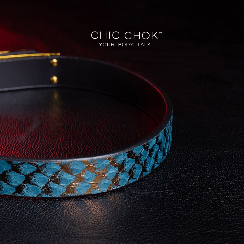 chicchok [Sapphire Moonlight] choker featuring a teal snakeskin-textured band with a gold-plated buckle clasp, displayed on a dark leather surface with dramatic red lighting accents, showcasing its luxurious and edgy design.