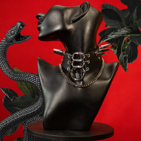 Savage collar is unusual in that it boldly challenges conventional aesthetics and combines over-the-top, goth and wild design elements. 
