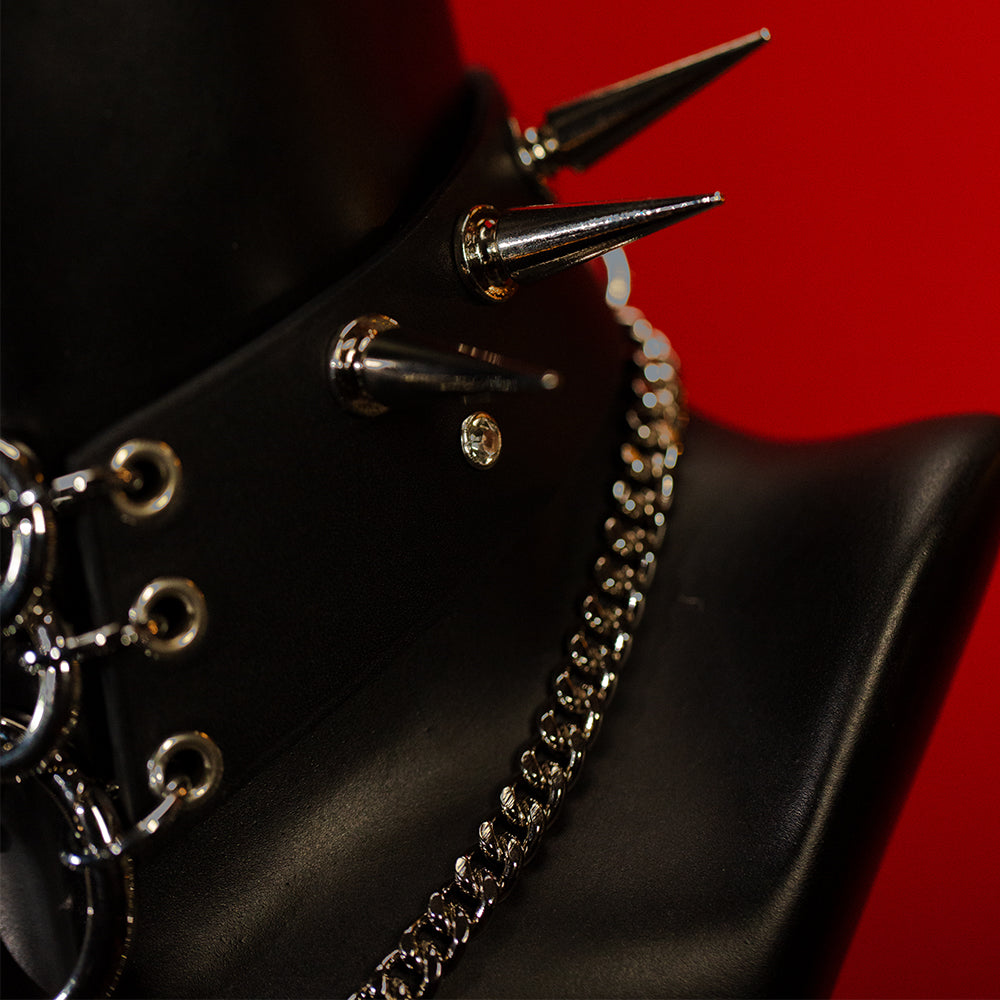 Savage collar is unusual in that it boldly challenges conventional aesthetics and combines over-the-top, goth and wild design elements. 