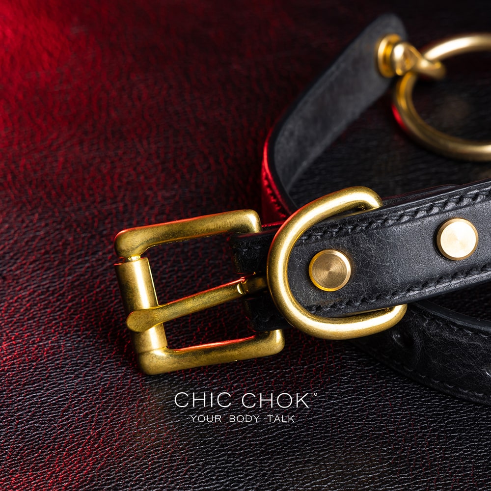 chicchok [Sinister] collar black leather choker featuring a central gold ring, gold-plated hardware, and adjustable buckle design, photographed on a textured black surface with warm lighting highlights