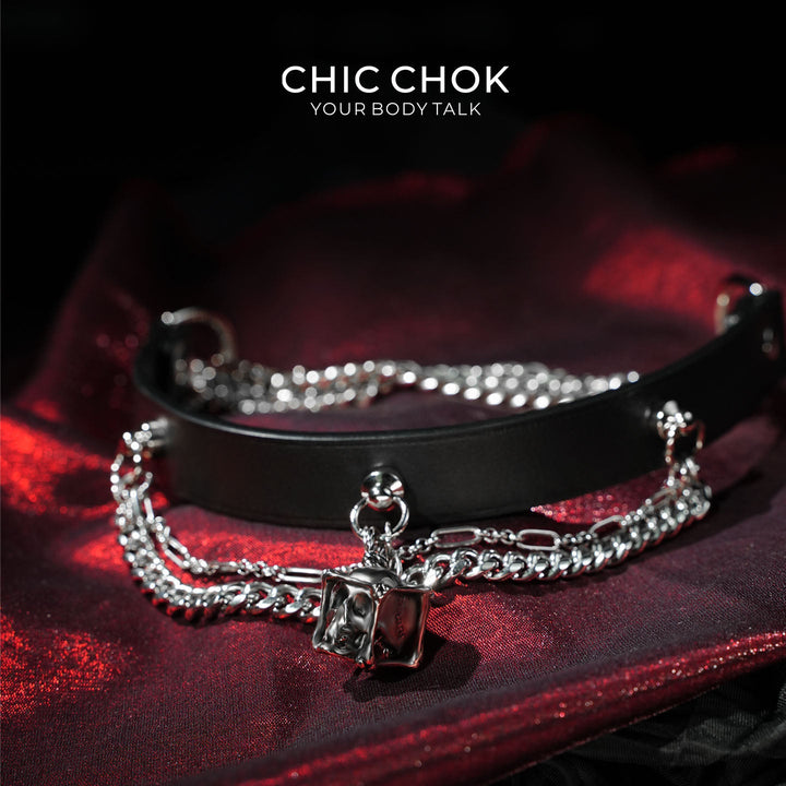CHICCHOK[Rebel in Chains] Gothic Choker Necklace, Black Genuine Leather with Layered Zinc Alloy Chains, Skull Cage Pendant, Punk Style, choker