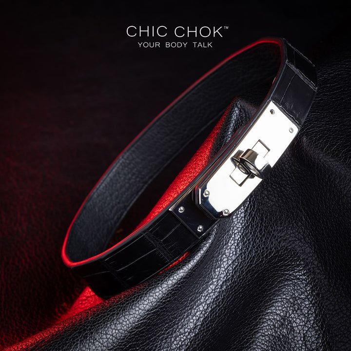 chiccok Stan's Dream Collar Elegant black crocodile leather choker featuring a sleek silver metallic clasp, showcasing premium craftsmanship, rich textures
