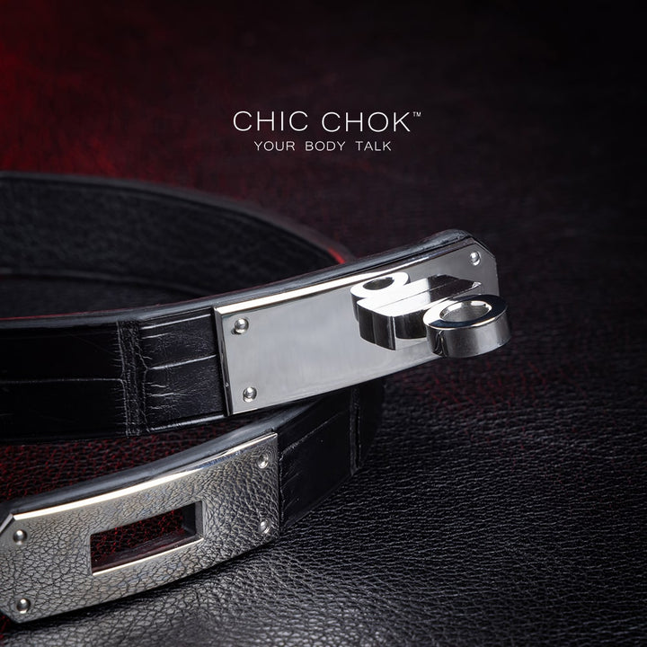 chiccok Stan's Dream Collar Elegant black crocodile leather choker featuring a sleek silver metallic clasp, showcasing premium craftsmanship, rich textures