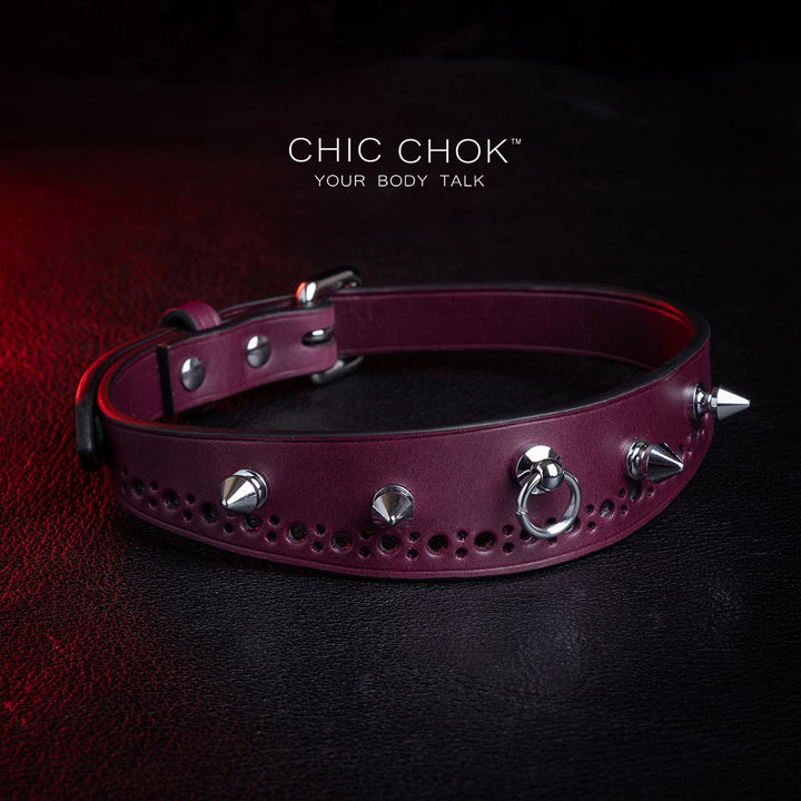 chicchok "Stay with Me" Collar Burgundy leather spiked choker with polished silver spikes,   gothic fashion