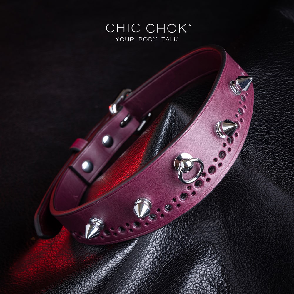 chicchok "Stay with Me" Collar Burgundy leather spiked choker with polished silver spikes,   gothic fashion