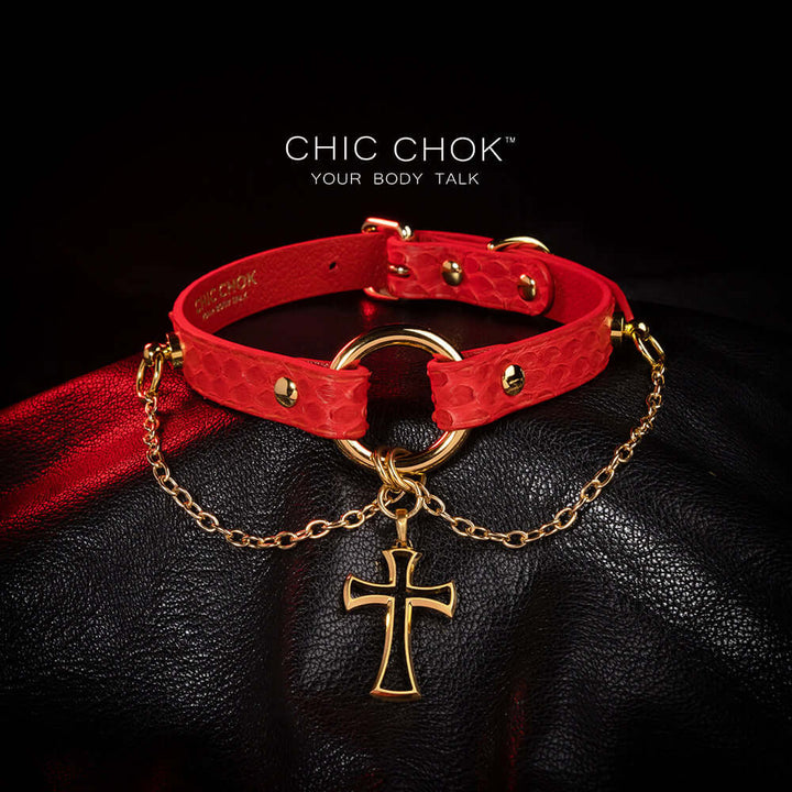 Flaming python leather, cross, handmade original design, choker