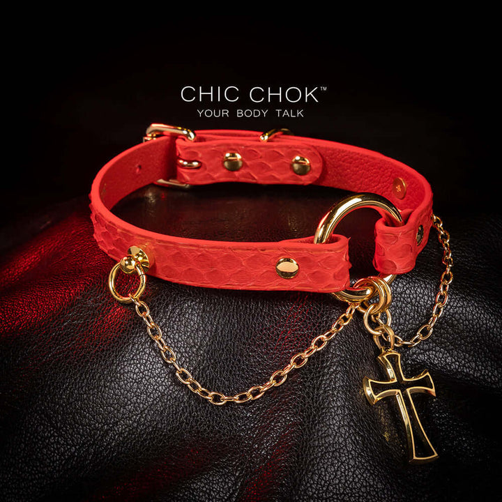 Flaming python leather, cross, handmade original design, choker