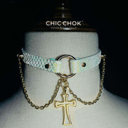 CHICCHOK [Teresa] - Shiny White Salmon Hide Cross and Chains Adjustable Fashion Choker