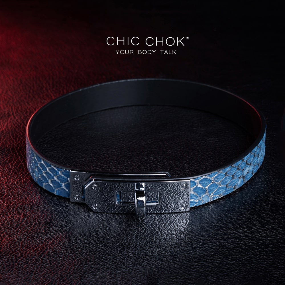 chicchok Valkrie Collar Handmade leather collar with blue scale pattern, paired with high-quality silver metal buckle, fashionable and luxurious, suitable for daily wear and special occasions, modern style and classic texture