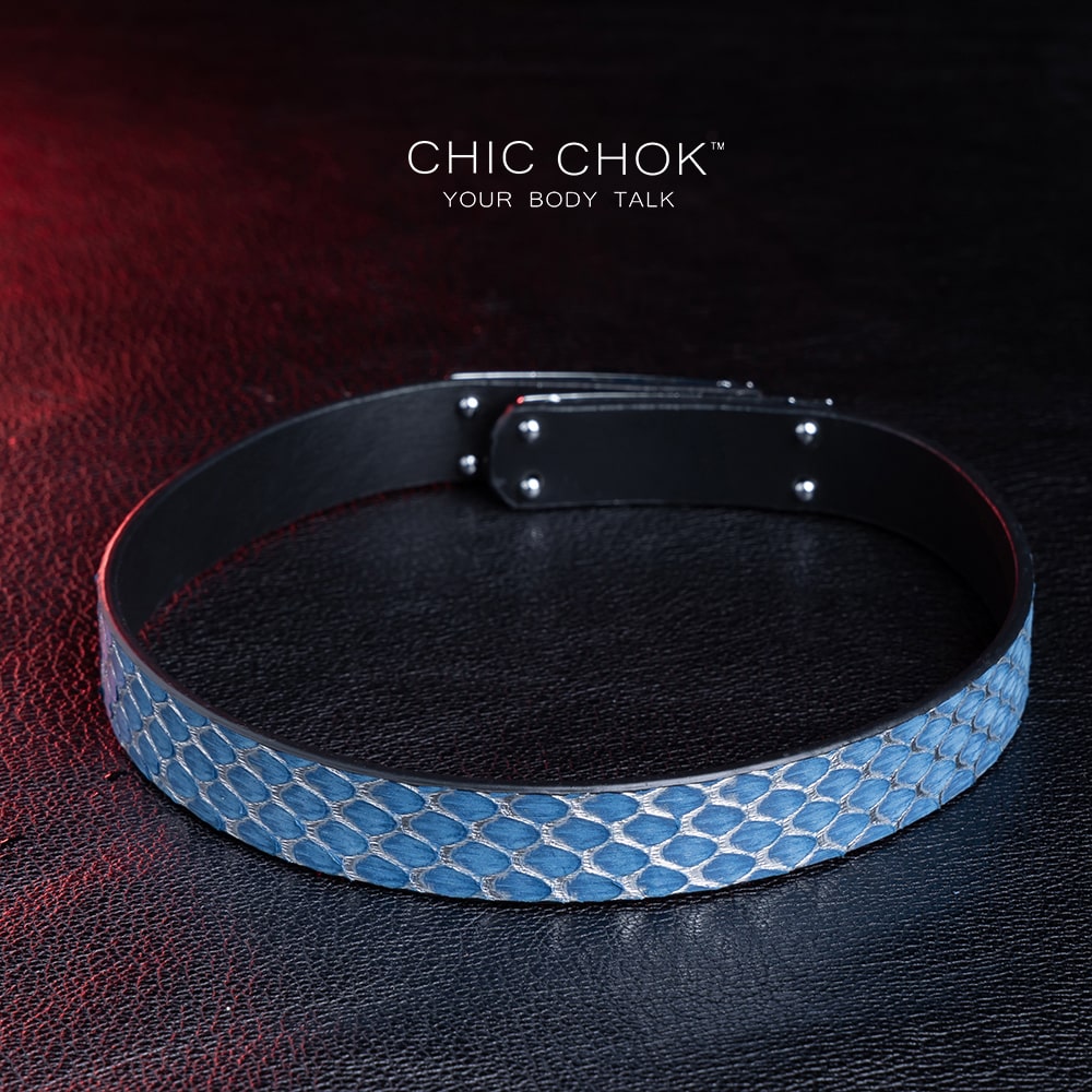chicchok Valkrie Collar Handmade leather collar with blue scale pattern, paired with high-quality silver metal buckle, fashionable and luxurious, suitable for daily wear and special occasions, modern style and classic texture