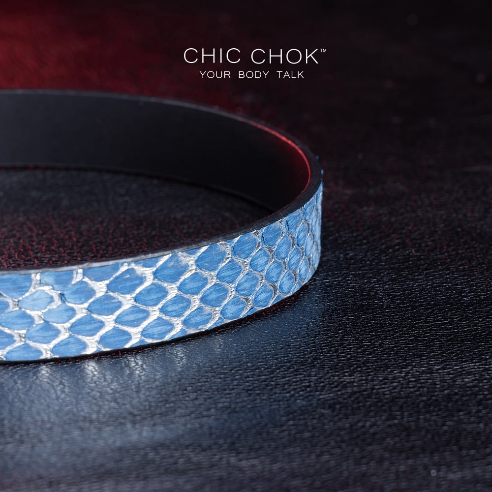 chicchok Valkrie Collar Handmade leather collar with blue scale pattern, paired with high-quality silver metal buckle, fashionable and luxurious, suitable for daily wear and special occasions, modern style and classic texture
