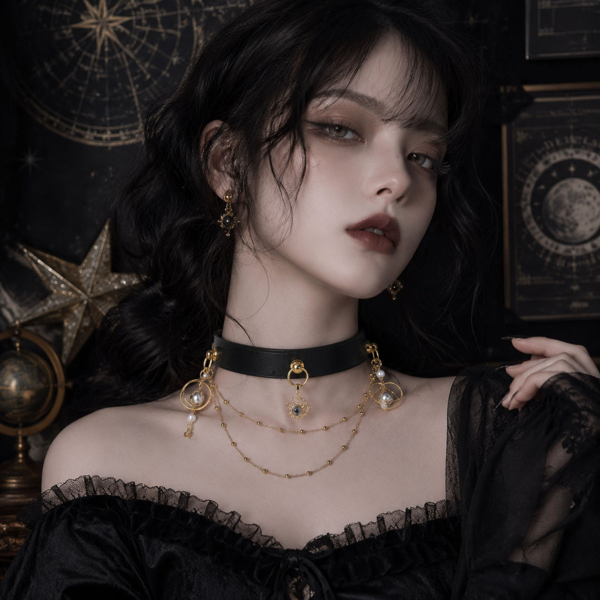 CHICCHOK Solar Orbit Tarot Leather Choker | Gothic Sun God Amethyst Pendant Collar | Luxury Steampunk Celestial Planetary Tassel Jewelry