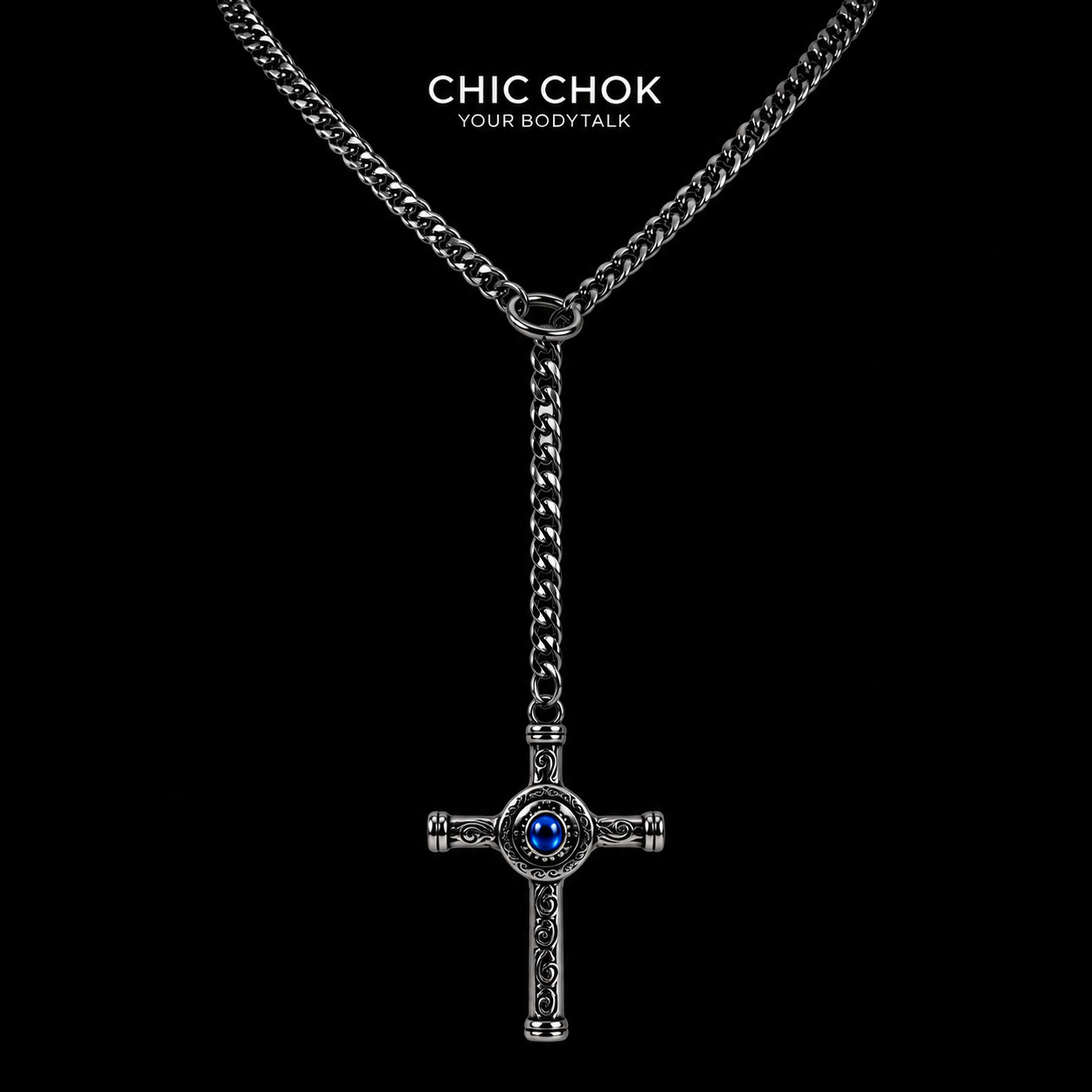 CHICCHOK Gloom Eye Crucifix – naszyjnik typu lariat w kształcie litery Y | Łańcuch o kubańskich ogniwach ze stali nierdzewnej | Gotycki wisiorek vintage z krzyżem ze stopu cynku, biżuteria okultystyczna