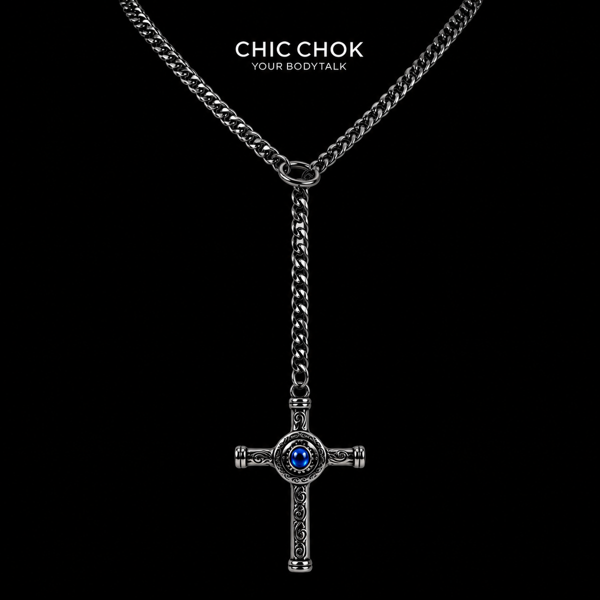 CHICCHOK Gloom Eye Crucifix – naszyjnik typu lariat w kształcie litery Y | Łańcuch o kubańskich ogniwach ze stali nierdzewnej | Gotycki wisiorek vintage z krzyżem ze stopu cynku, biżuteria okultystyczna