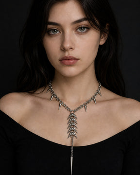 CHICCHOK Midnight Fangs Stainless Steel Necklace | Handcrafted Byzantine Chain Y-Lariat Choker | Heavy Industrial Punk Cyber Goth Spike Jewelry