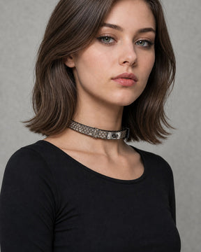 CHICCHOK Minimalist Python Skin Choker | Luxury Exotic Snake Pattern Genuine Leather Collar | Gothic Quiet Luxury Silver Kelly Lock Jewelry
