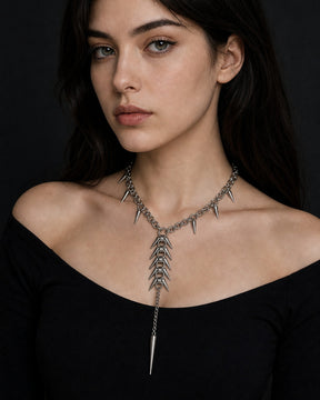 CHICCHOK Midnight Fangs Stainless Steel Necklace | Handcrafted Byzantine Chain Y-Lariat Choker | Heavy Industrial Punk Cyber Goth Spike Jewelry