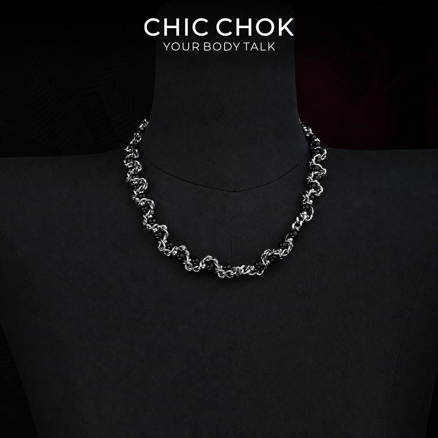 CHICCHOK Crimson Crystal Chain Necklace | Handcrafted Byzantine Stainless Steel Chain | Heavy Industrial Punk Cyber Goth Jewelry