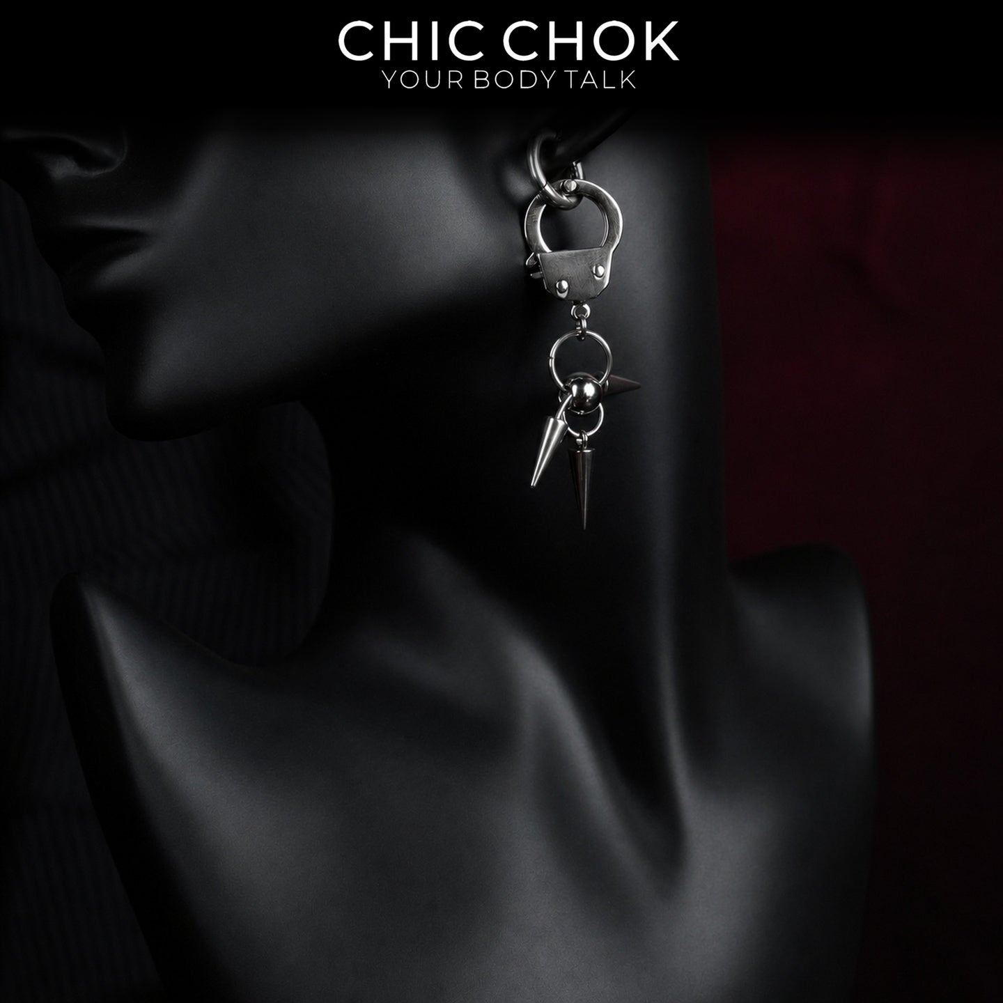 CHICCHOK Imprisoned Cone Shadow Single Earring | Gothic Stainless Steel Handcuff Drop Ear Loop | Subversive Y2K Industrial Punk Spike Tassel Piercing Jewelry for Sensitive Ears