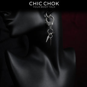 CHICCHOK Imprisoned Cone Shadow Single Earring | Gothic Stainless Steel Handcuff Drop Ear Loop | Subversive Y2K Industrial Punk Spike Tassel Piercing Jewelry for Sensitive Ears