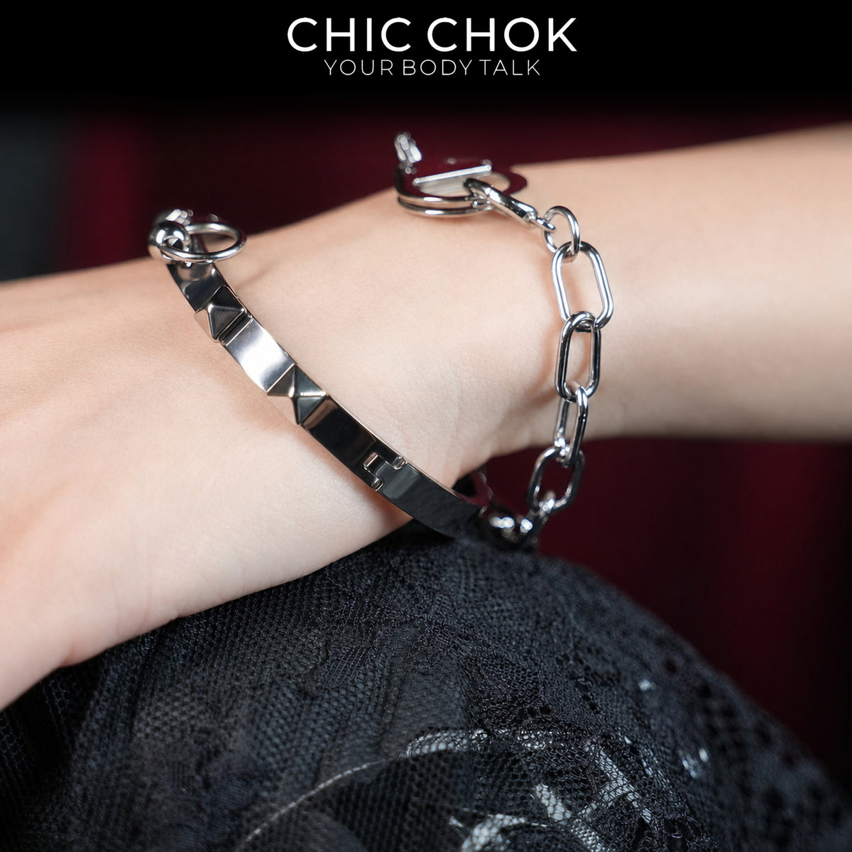 CHICCHOK Shackle Bond Wrist to Finger Chain Bracelet | Gothic Stainless Steel Studded Handcuff Cuff | Subversive Y2K Industrial Punk Crossed Ring Harness Jewelry