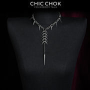 CHICCHOK Midnight Fangs Stainless Steel Necklace | Handcrafted Byzantine Chain Y-Lariat Choker | Heavy Industrial Punk Cyber Goth Spike Jewelry
