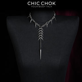 CHICCHOK Midnight Fangs Stainless Steel Necklace | Handcrafted Byzantine Chain Y-Lariat Choker | Heavy Industrial Punk Cyber Goth Spike Jewelry