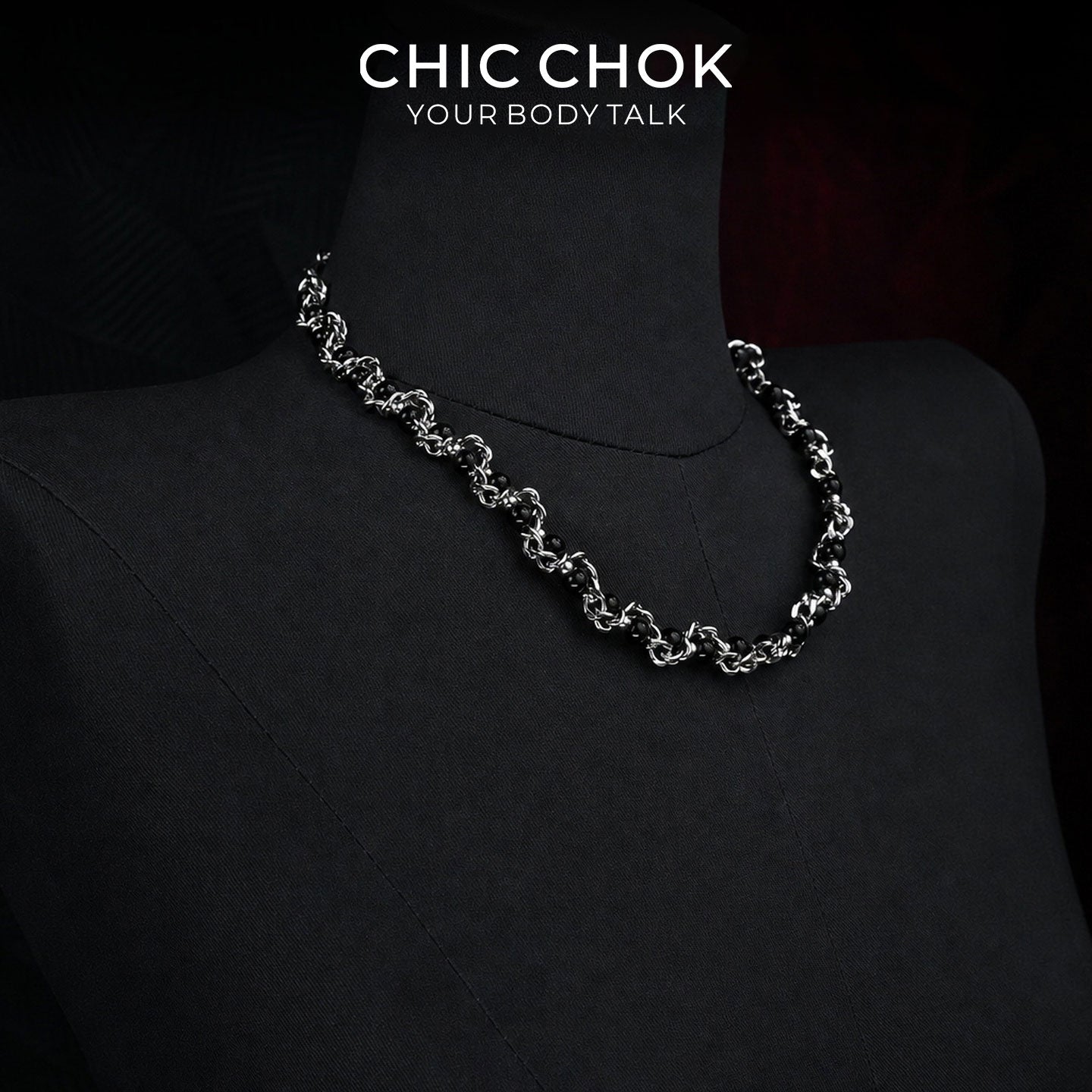 CHICCHOK Crimson Crystal Chain Necklace | Handcrafted Byzantine Stainless Steel Chain | Heavy Industrial Punk Cyber Goth Jewelry