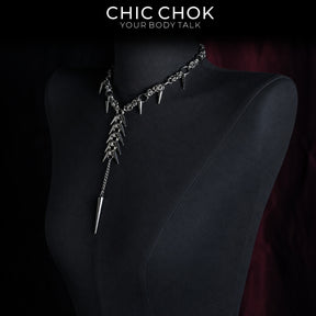 CHICCHOK Midnight Fangs Stainless Steel Necklace | Handcrafted Byzantine Chain Y-Lariat Choker | Heavy Industrial Punk Cyber Goth Spike Jewelry