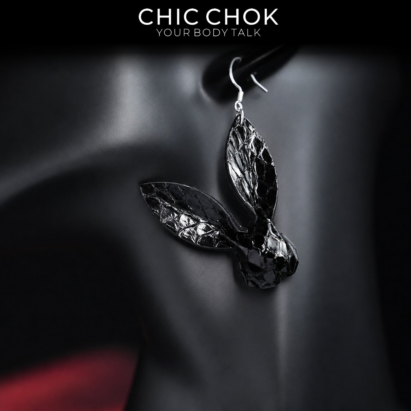 CHICCHOK Black Sugar Bunny Leather Earrings | Gothic Glossy Croc-Embossed Rabbit Drop Jewelry | Creepy Cute Harajuku Cyberpunk Accessories