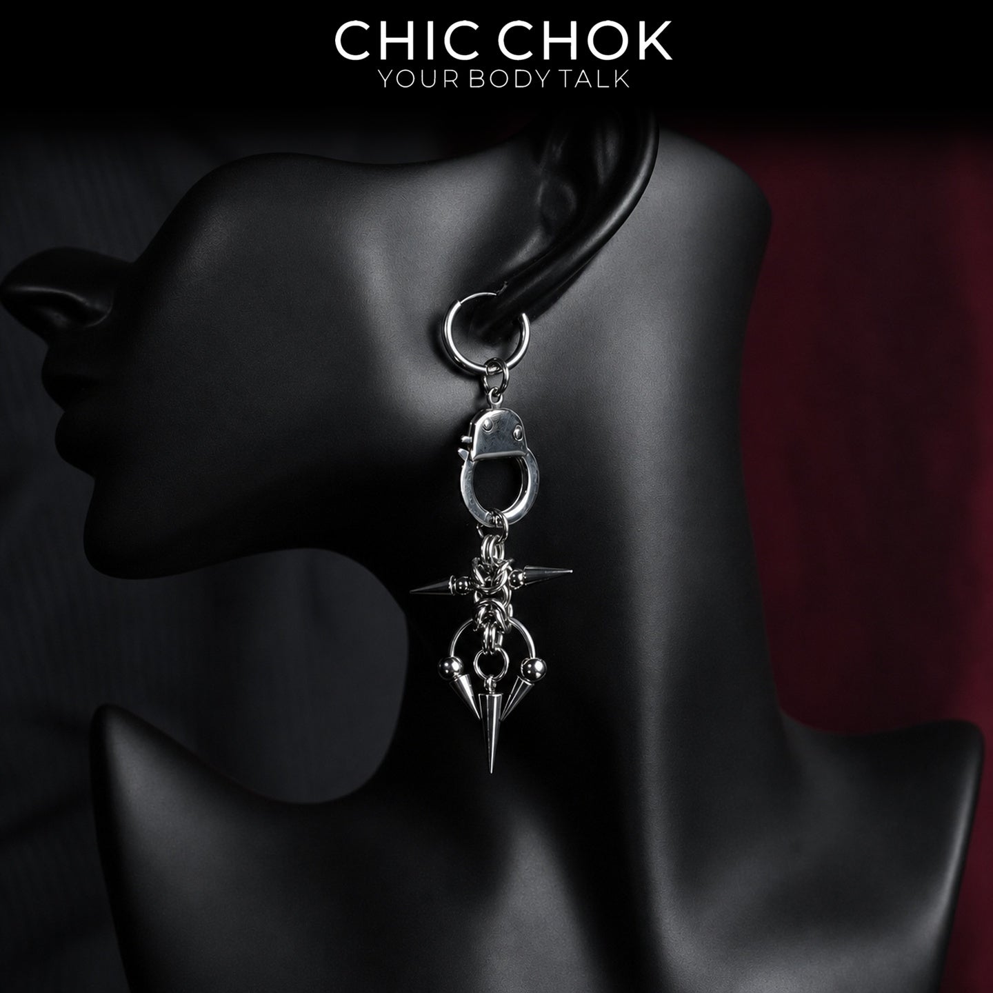CHICCHOK Imprisoned Cone Shadow Single Earring | Gothic Stainless Steel Handcuff Drop Ear Loop | Subversive Y2K Industrial Punk Spike Tassel Piercing Jewelry for Sensitive Ears