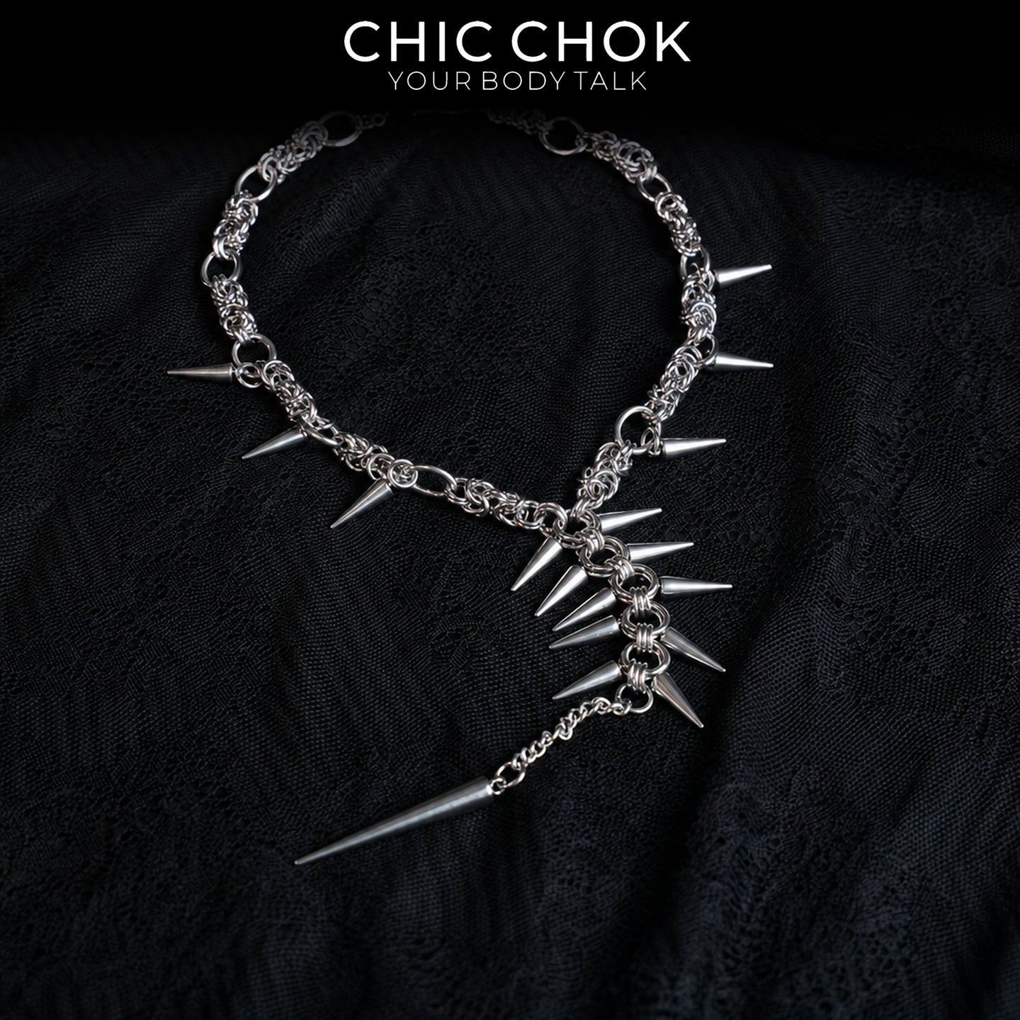 CHICCHOK Midnight Fangs Stainless Steel Necklace | Handcrafted Byzantine Chain Y-Lariat Choker | Heavy Industrial Punk Cyber Goth Spike Jewelry