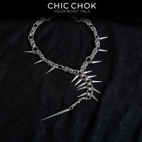CHICCHOK Midnight Fangs Stainless Steel Necklace | Handcrafted Byzantine Chain Y-Lariat Choker | Heavy Industrial Punk Cyber Goth Spike Jewelry