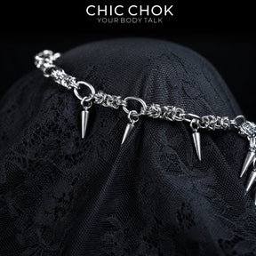 CHICCHOK Midnight Fangs Stainless Steel Necklace | Handcrafted Byzantine Chain Y-Lariat Choker | Heavy Industrial Punk Cyber Goth Spike Jewelry